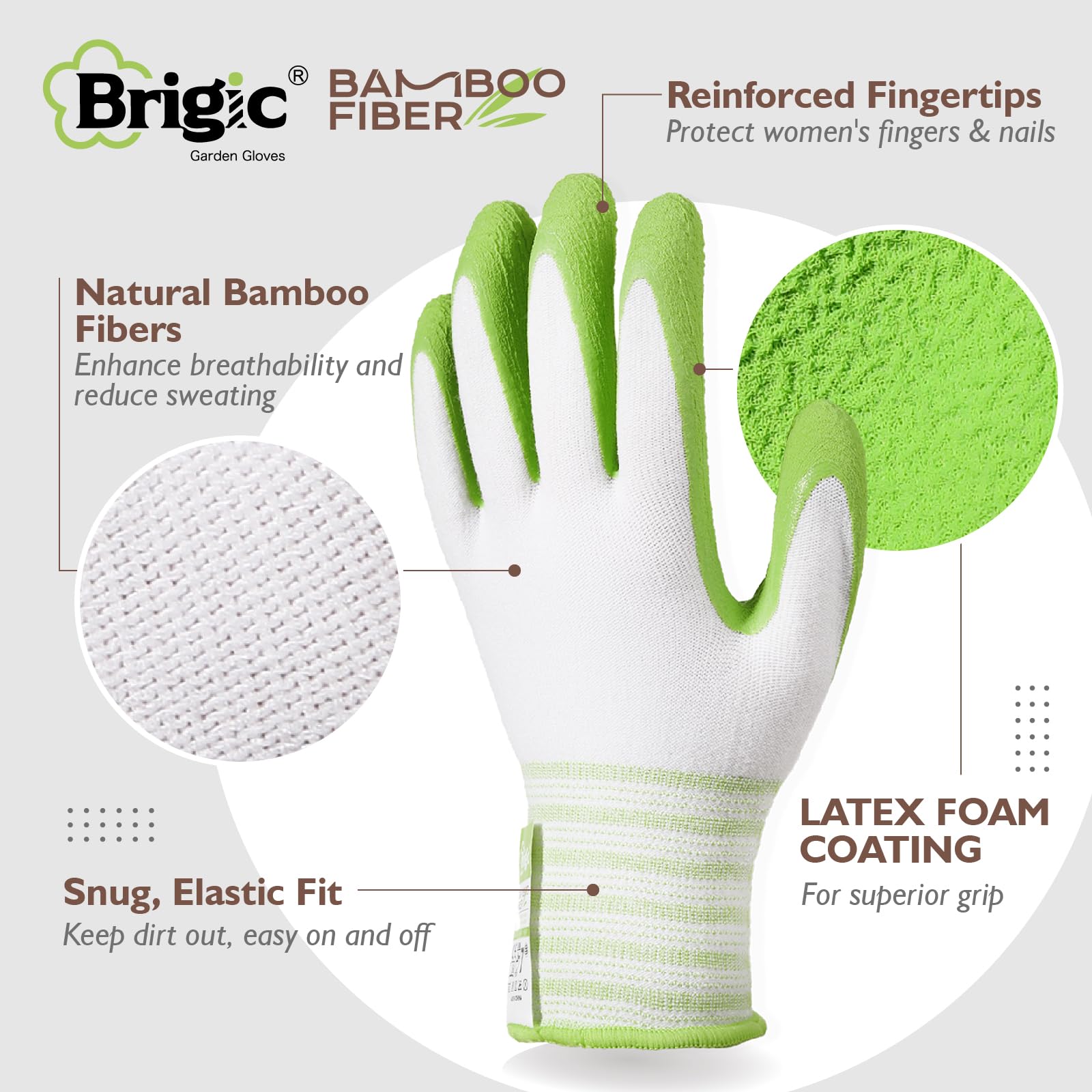 Brigic Bamboo Gardening Gloves 2 pair, Breathable Rubber Coated, Outdoor Work Garden Gloves For Women, Green & Purple (Medium)