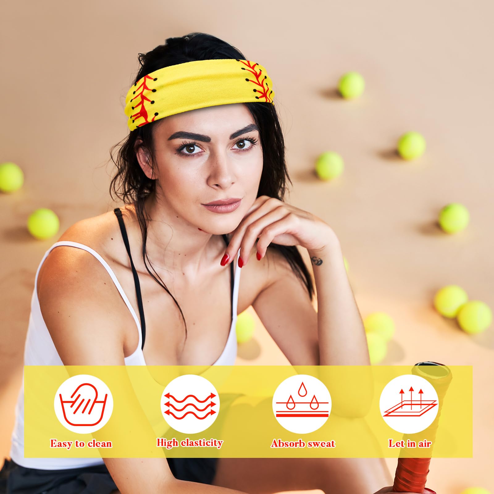 Zeyune 6 Pcs Yellow Softball Headband Breathable Elastic Headband Ball Print Head Wrap Hair Band Bandana Workout Headbands Adjustable Sweat Proof Softball Accessories for Girls Women