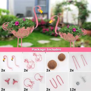 Kikth Set of 2 Pink Metal Flamingo Planters with Basket for Indoor Outdoor Garden Yard Decor