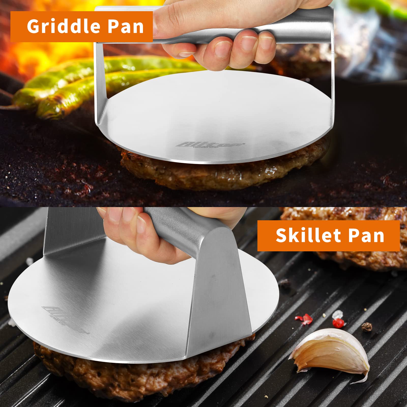 ALLTOP Smash Burger Press -Grill Essential,Stainless Steel Non-Stick Smasher Hamburger Press -Patty Maker for Flat Top Griddle,Grill,BBQ - Round Kitchen Tool (5.5 Inch)