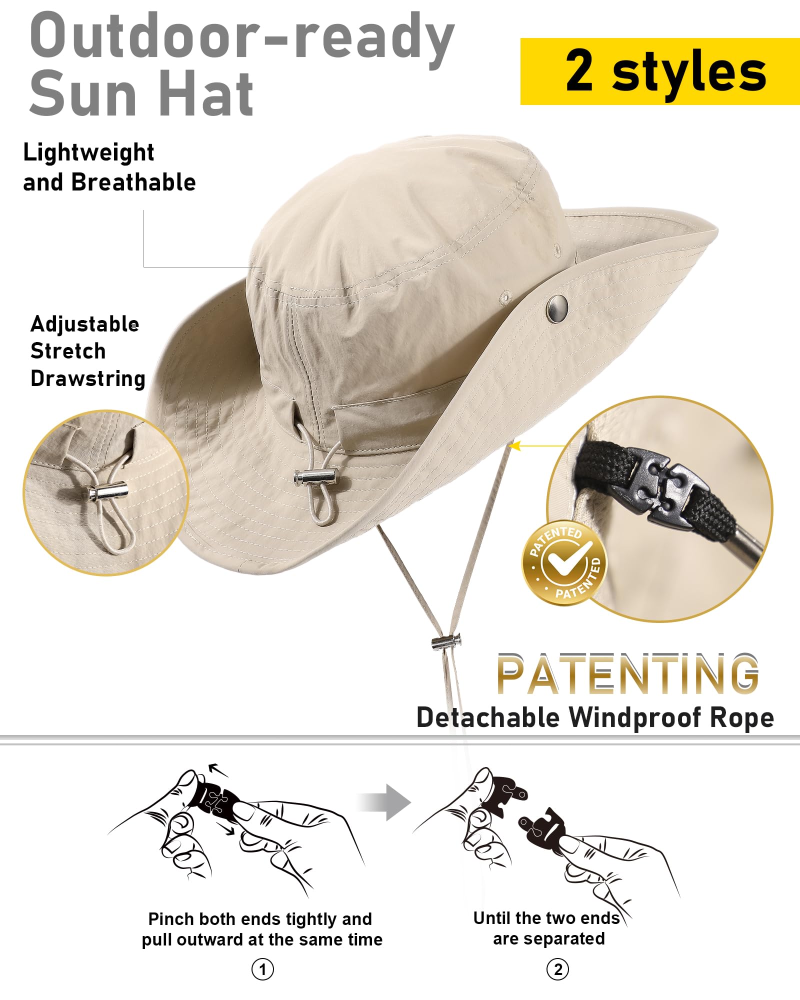 Waterproof Bucket Rain Hat for Women Wide Brim Summer UPF50+ Cowboy Sun Hat Men Foldable Soft Floppy Beach Hat Beige