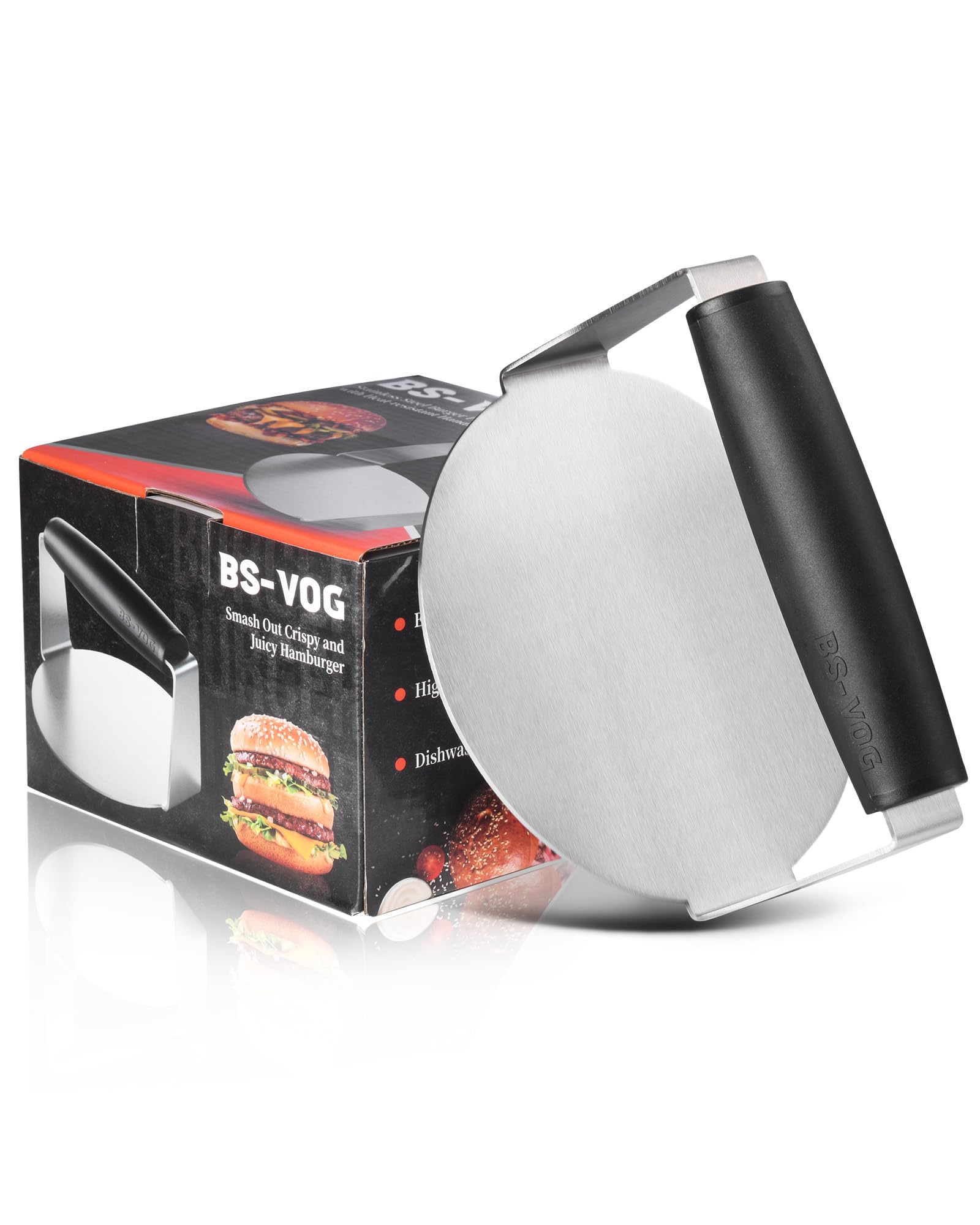 BS-VOG Burger Press, 6 Inch Round Burger Smasher for Griddle with Anti-Scald Handle, Non-Stick Smooth Stainless Steel Hamburger Press, Grill Press for Flat Top Grill Cooking, Gift Package