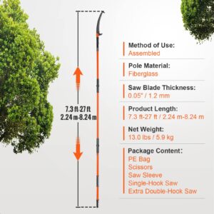 VEVOR Manual Pole Saw, 7.3-27 ft Extendable Tree Pruner, Sharp Steel Blade and Scissors High Branches Trimming, Branch Trimmer with Lightweight 8 Fiberglass Handles, for Pruning Palms and Shrubs