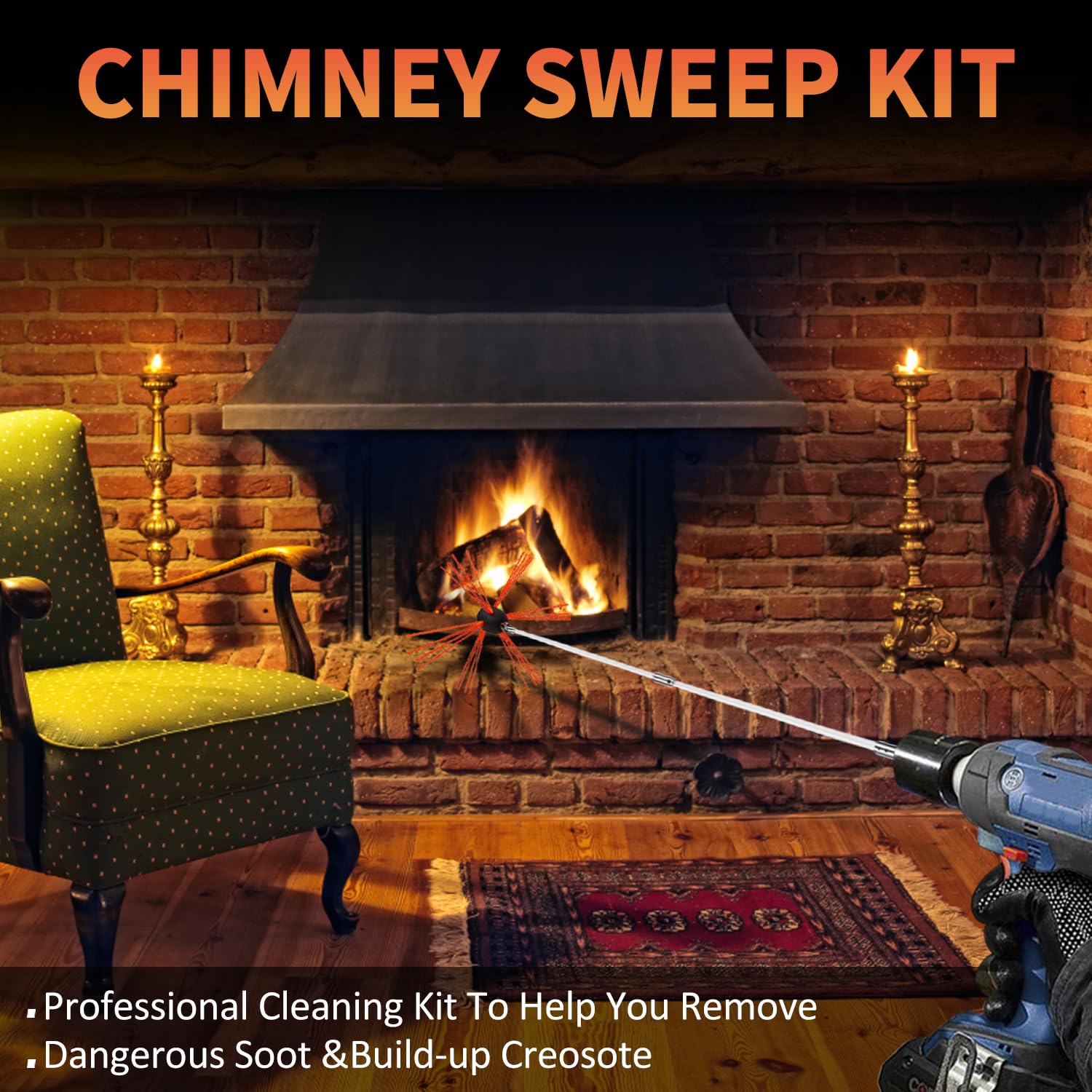 Sealegend 30 Feet Chimney Sweep Kit Chimney Brush Chimney Cleaning Kit and Rotary Chimney Cleaning System Fireplace Brush Tool with 9 Nylon Flexible Rods