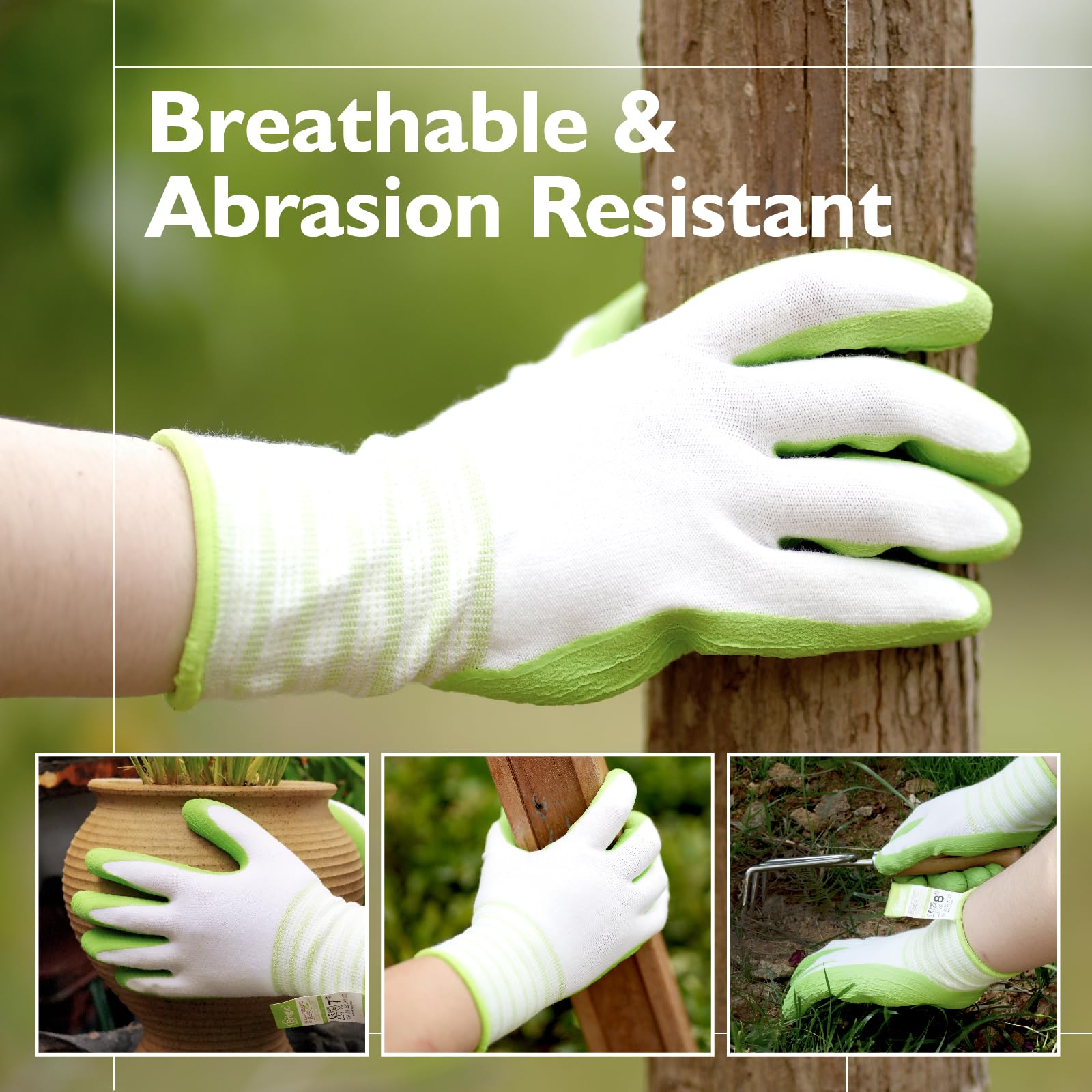 Brigic Bamboo Gardening Gloves 2 pair, Breathable Rubber Coated, Outdoor Work Garden Gloves For Women, Green & Purple (Medium)