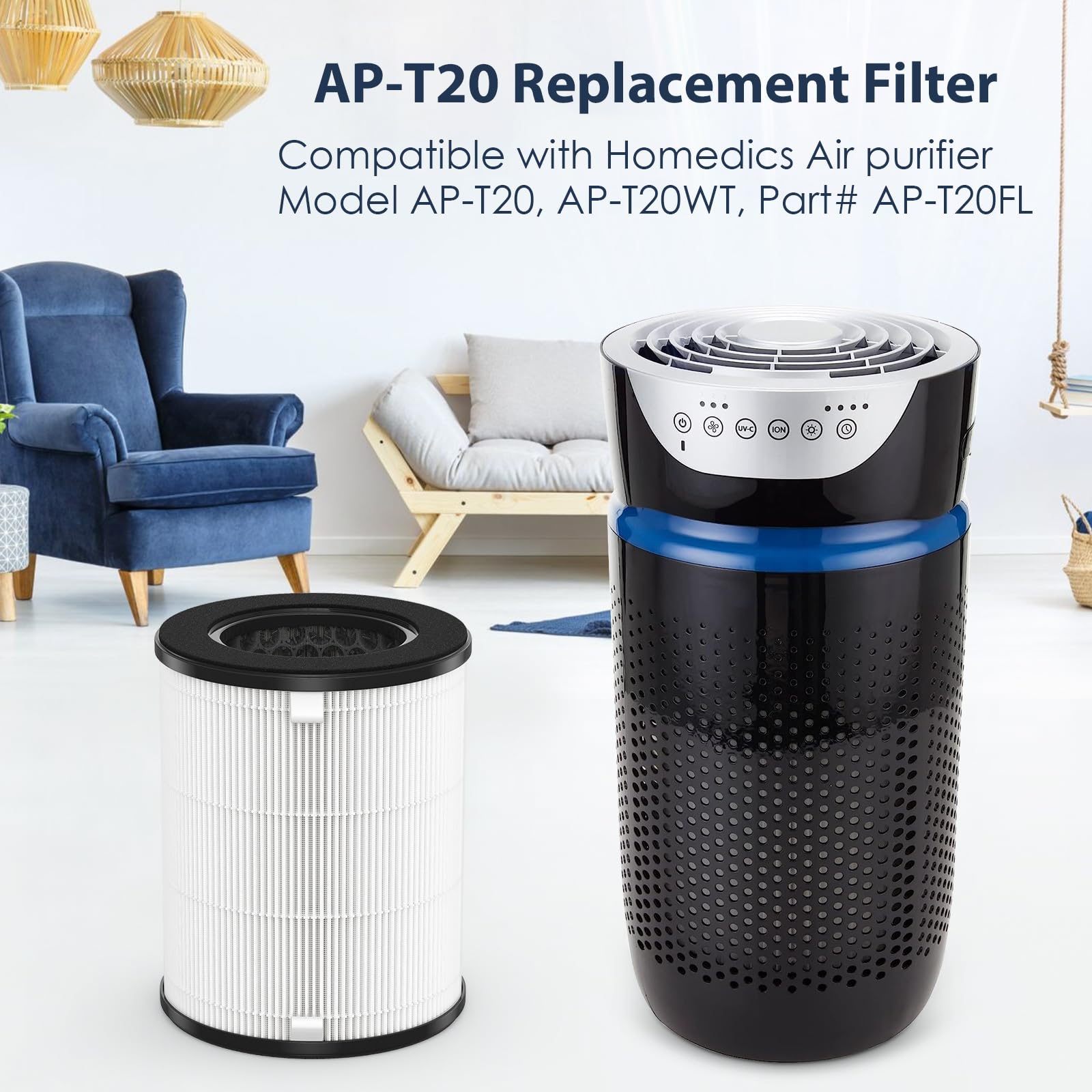 AP-T20 Replacement HEPA Filter Compatible with Homedics AP-T20 and AP-T20WT Purifier, 3-in-1 True HEPA Replacement Filter, Part# AP-T20FL, Pack of 2