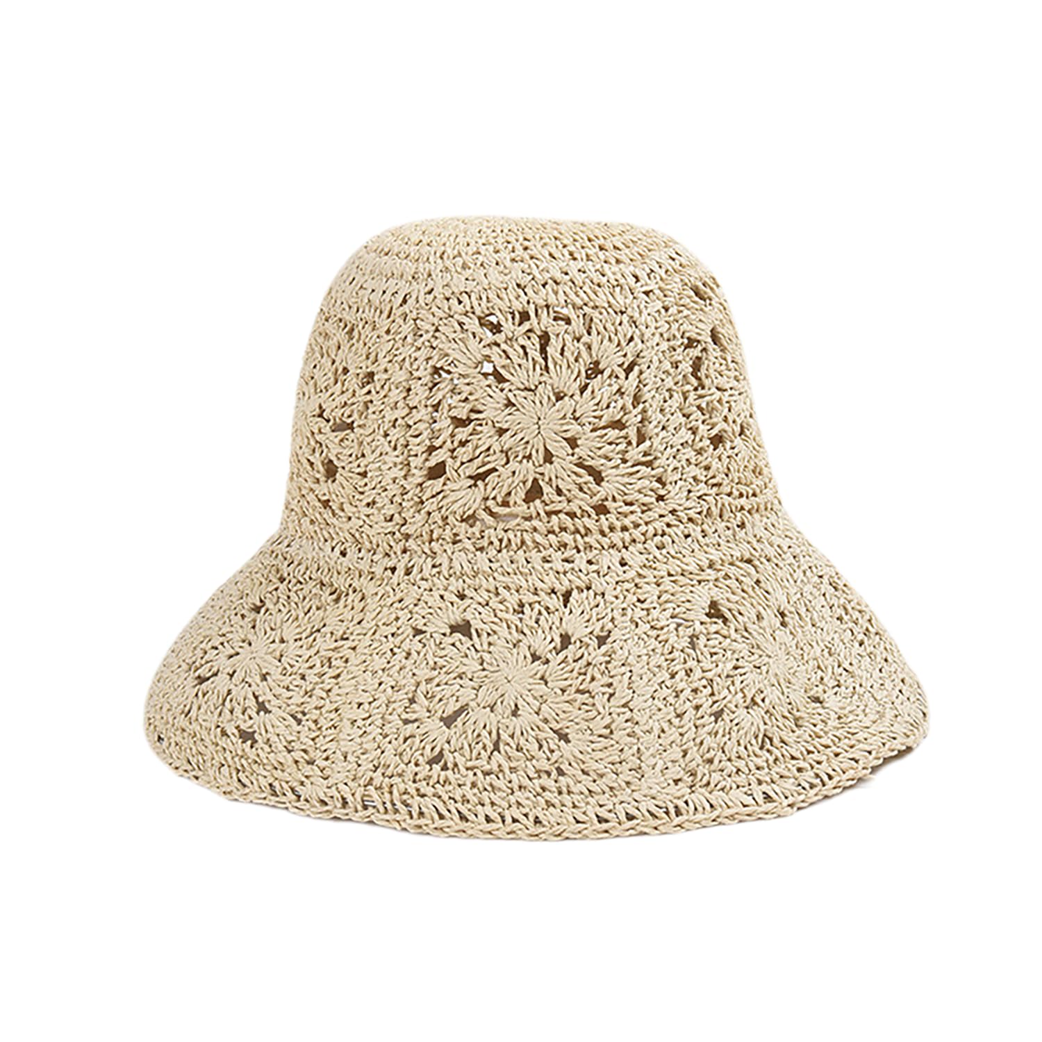 Women Straw Sun Hat Floral Woven Crochet Bucket Hat Y2k Aesthetic Accessories Beach Hat Hand Woven Boho Foldable Cap (Beige,One Size)