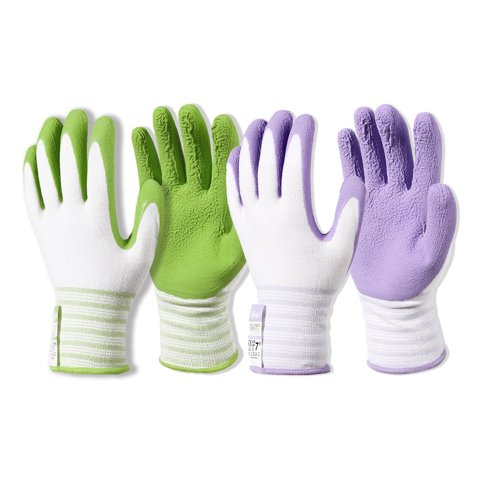 Brigic Bamboo Gardening Gloves 2 pair, Breathable Rubber Coated, Outdoor Work Garden Gloves For Women, Green & Purple (Medium)