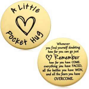 mixjoy little pocket hug token positive affirmations keepsake, cancer survivor recovery celebrate sobriety support cheer up gifts for men, thinking of you gift with pu leather keychain (gold)