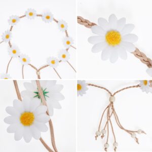 Sucrain 1pcs Flower Hippie Headband Floral Crown Summer Sunflower Hair Accessories for 70 s Bohemian Costumes Style (White)