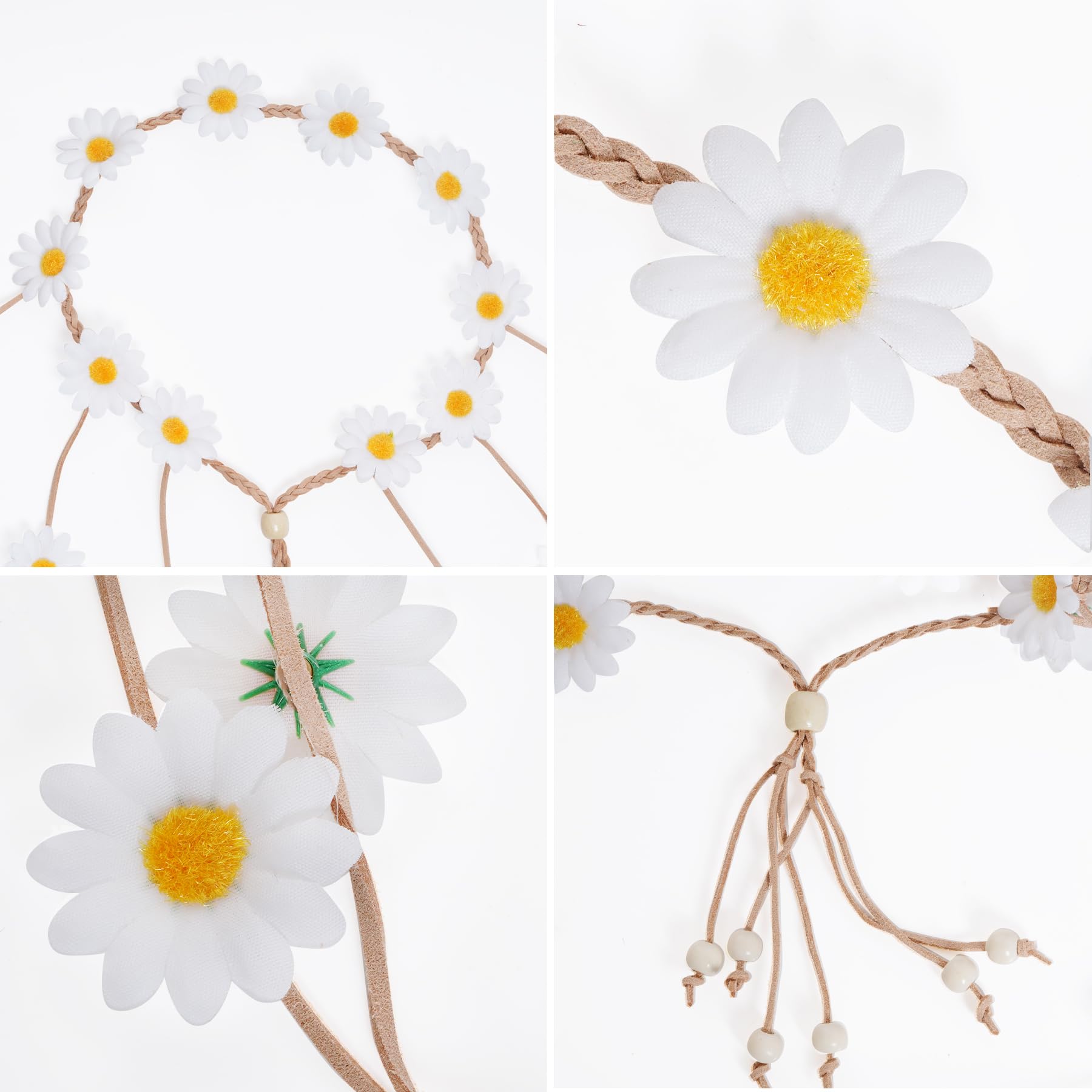 Sucrain 1pcs Flower Hippie Headband Floral Crown Summer Sunflower Hair Accessories for 70 s Bohemian Costumes Style (White)