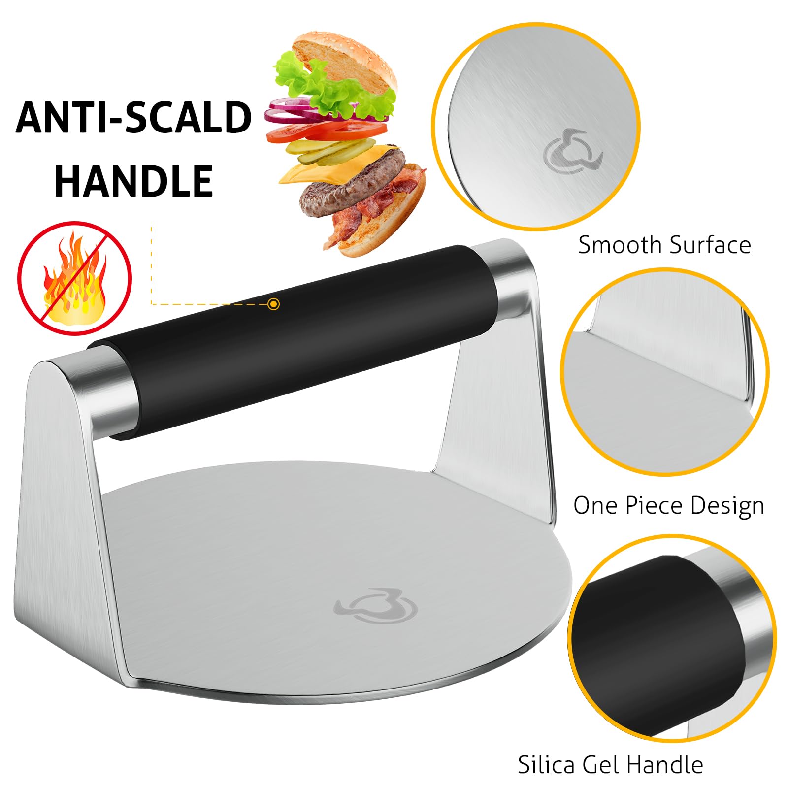 PMYEK Smash Burger Press with Anti-Scald Handle, 5.5 Inch Hamburger Smasher Tool, Meat Bacon Grill Tortilla Press, Patty Maker, Professional Griddle Accessories, Grill Press- Cooking Essentials