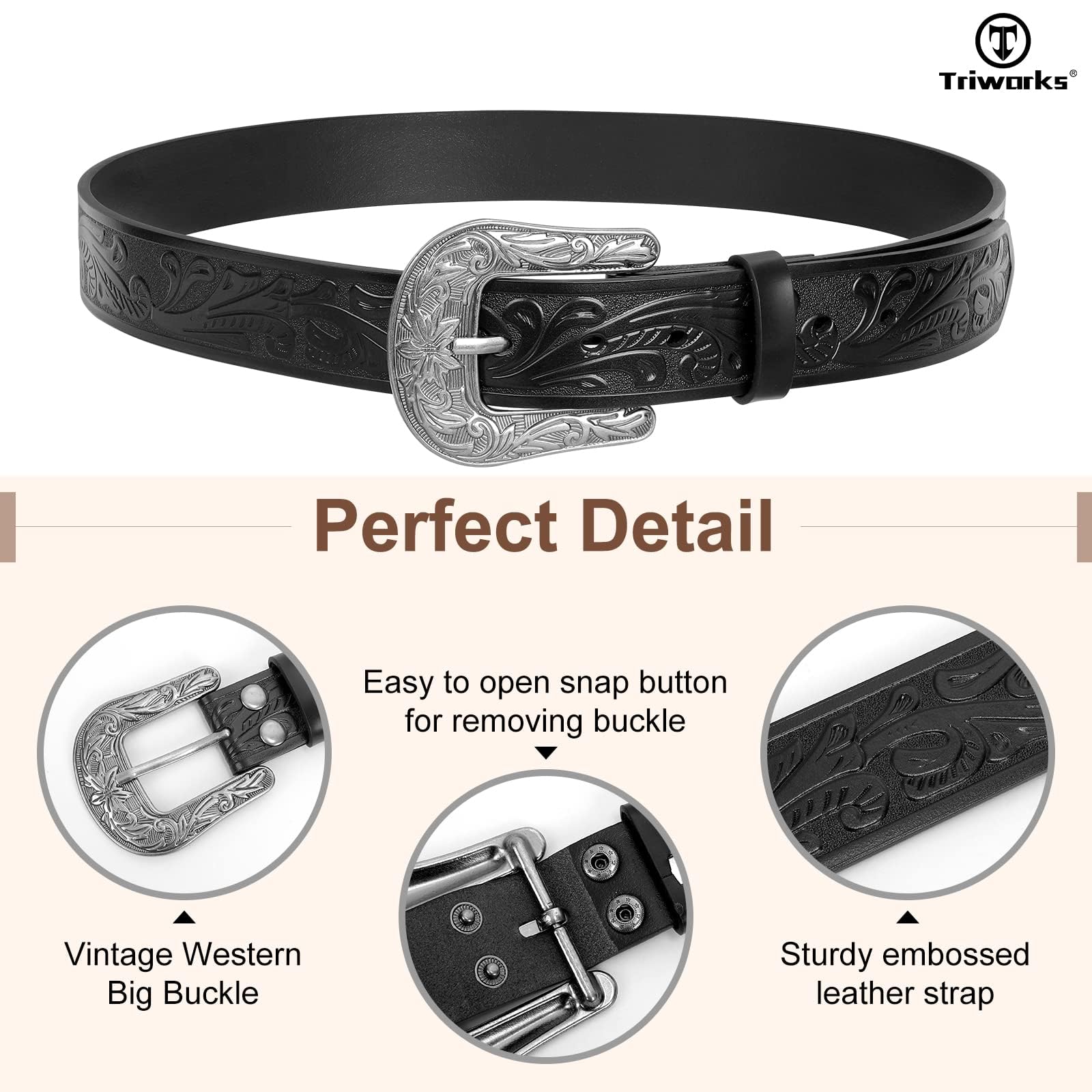 TRIWORKS Western Leather Belt for Women Men Cowgirl Cowboy Floral Engraved Tooled Leather Belt for Jeans Pants Dresses Rodeo,A-Black