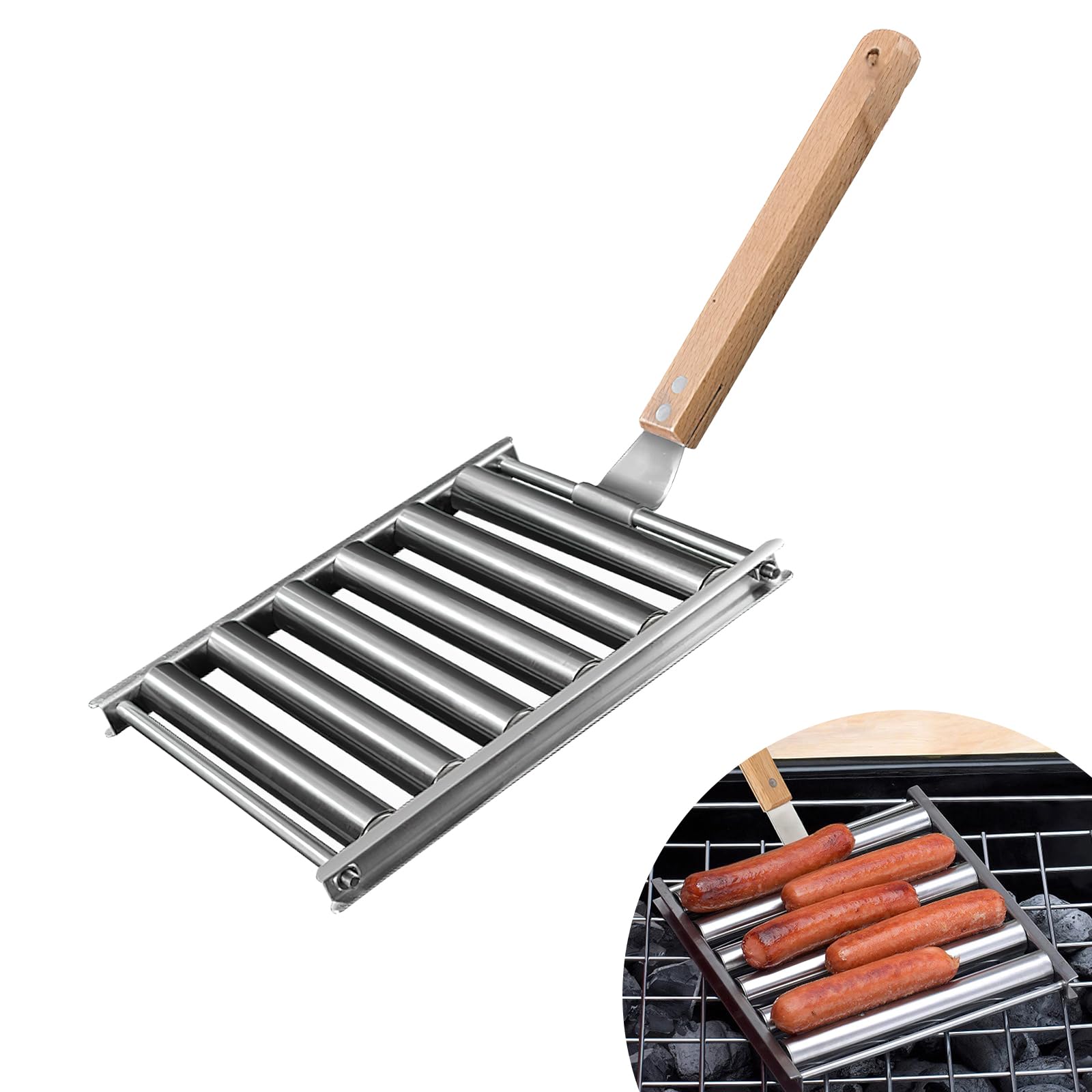 Sufune Hot Dog Roller for Girll,Hotdog Roller Grill Sausage Roller Stainless Steel Rack with Extra Long Wood Handle,BBQ Hot Dog Girller for Evenly Cooked Hot Dog,5 Hot Dog Capacity