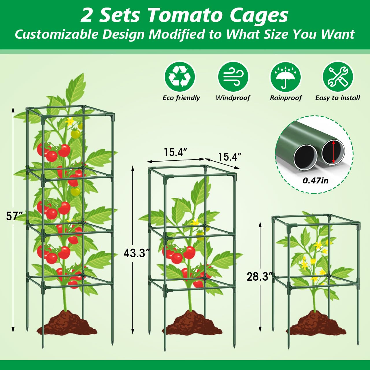 3Pack Tomato Cages for Garden,Square Tomato Plant Cage Support Heavy Duty Pole 57*15.4*15.4 Inches,Steel Plant Tower Stakes,Cherry Tomato Trellis Cucumber for Climbing Vegetables Flowers Fruits-Green