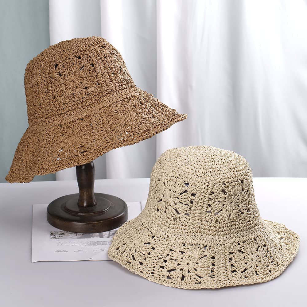 Women Straw Sun Hat Floral Woven Crochet Bucket Hat Y2k Aesthetic Accessories Beach Hat Hand Woven Boho Foldable Cap (Beige,One Size)