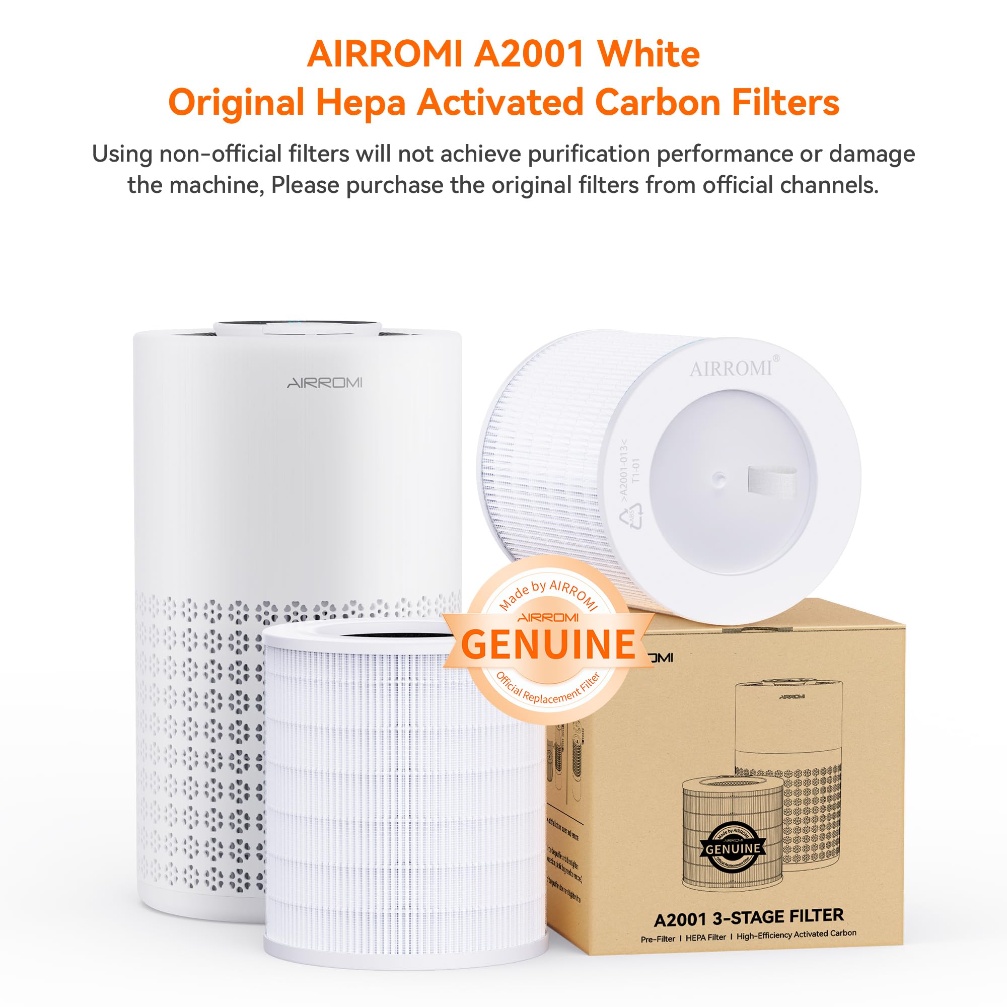 AIRROMI A2001 HEPA Air Purifier Replacement Filter, 3-In-1 Original Filter, Remove 99.97% of 0.3 Micron Particle 1 Pack White Activated Carbon