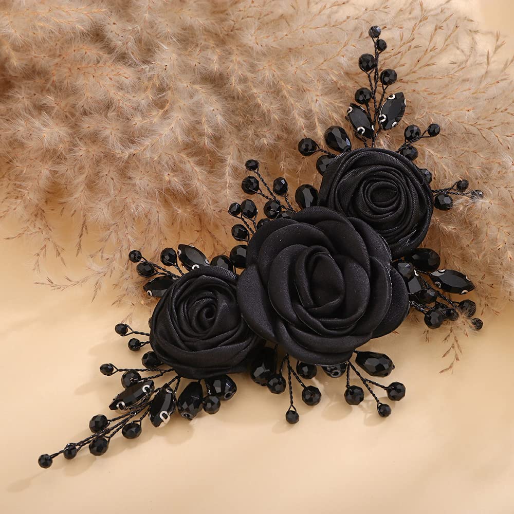 Teyglen Bridal Wedding Headband Black Flower Headband Floral Crystal Hair Pieces Handmade Black Rhinestone Headpiece Hair Accessories for Women Bride Girls