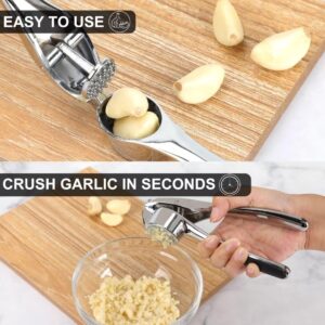 CUNSENR Garlic Press with Silicone Peeler & Brush - Garlic Mincer Tool - Easy to Use & Clean - Garlic Crusher - Rustproof Garlic Smasher - Dishwasher Safe - Press Garlic with Ease (Bright,Silver)