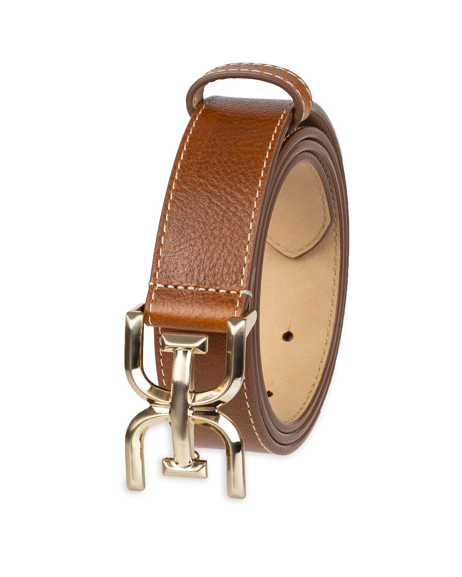 Sam Edelman Women's Slim Stitched Edge Double-E Plaque Buckle Belt, Saddle, Medium