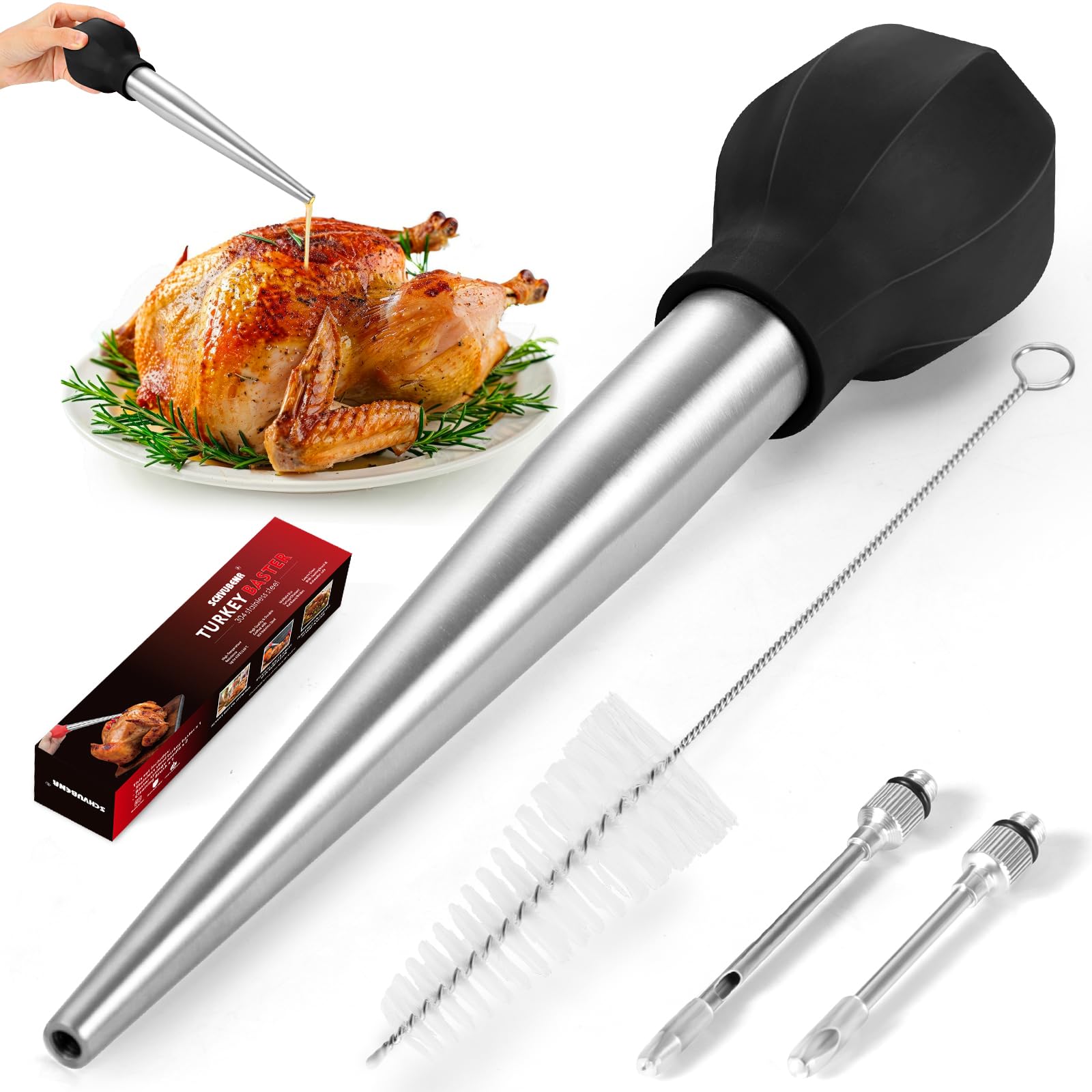 SCHVUBENR Large Turkey Baster with Cleaning Brush & Needle - Stainless Steel Baster Tool for Cooking - Easy to Use and Clean - Heavy Duty Baster Syringe - Flavor Meat Poultry, Beef, Chicken(Black)