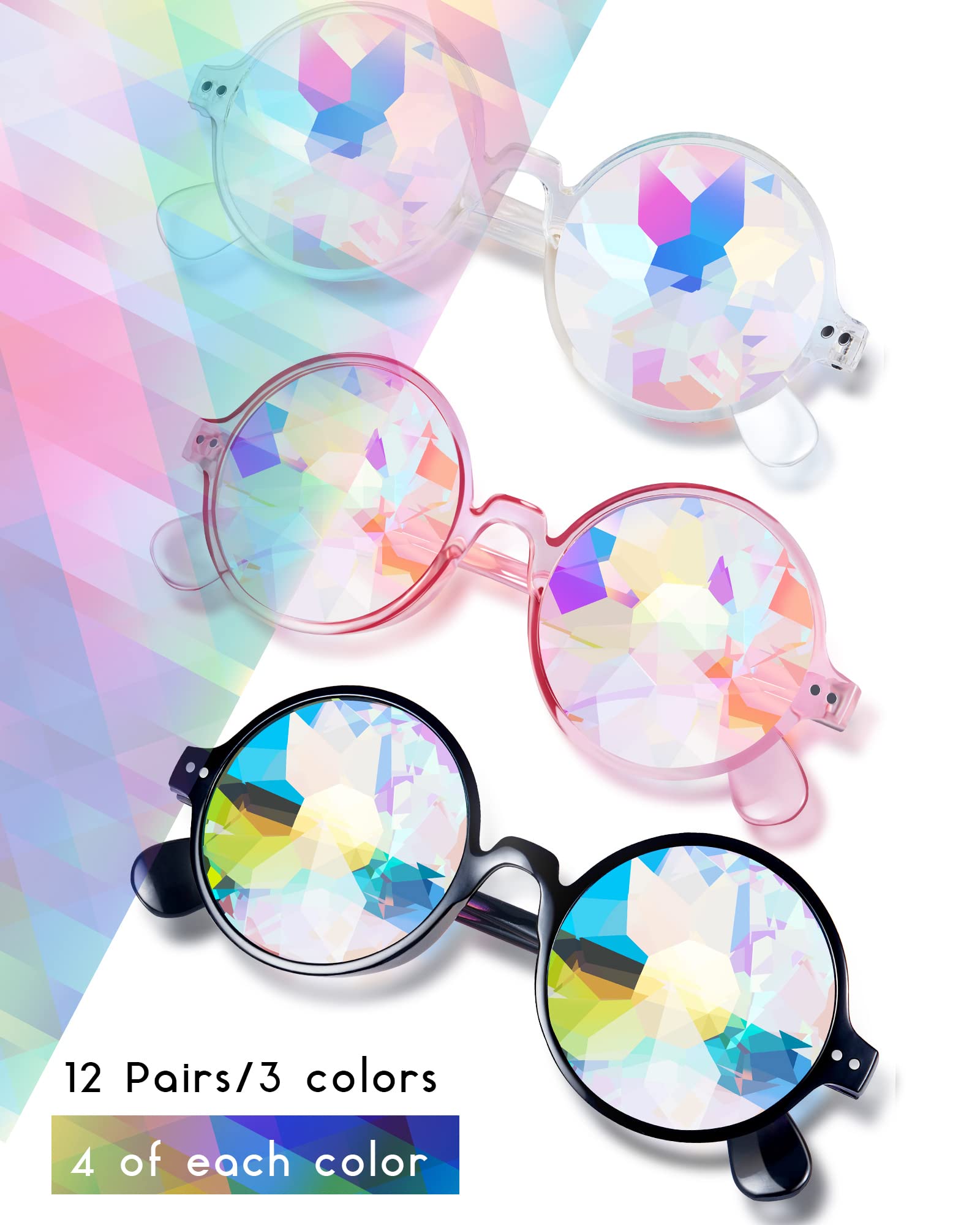 Frienda 12 Pairs Kaleidoscope Rave Rainbow Glasses Refraction Trippy Psychedelic Rave Goggles with Resin Lens Diffraction Prism Women's Costume Eyewear Sunglasses for Festival