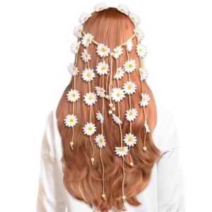 Sucrain 1pcs Flower Hippie Headband Floral Crown Summer Sunflower Hair Accessories for 70 s Bohemian Costumes Style (White)