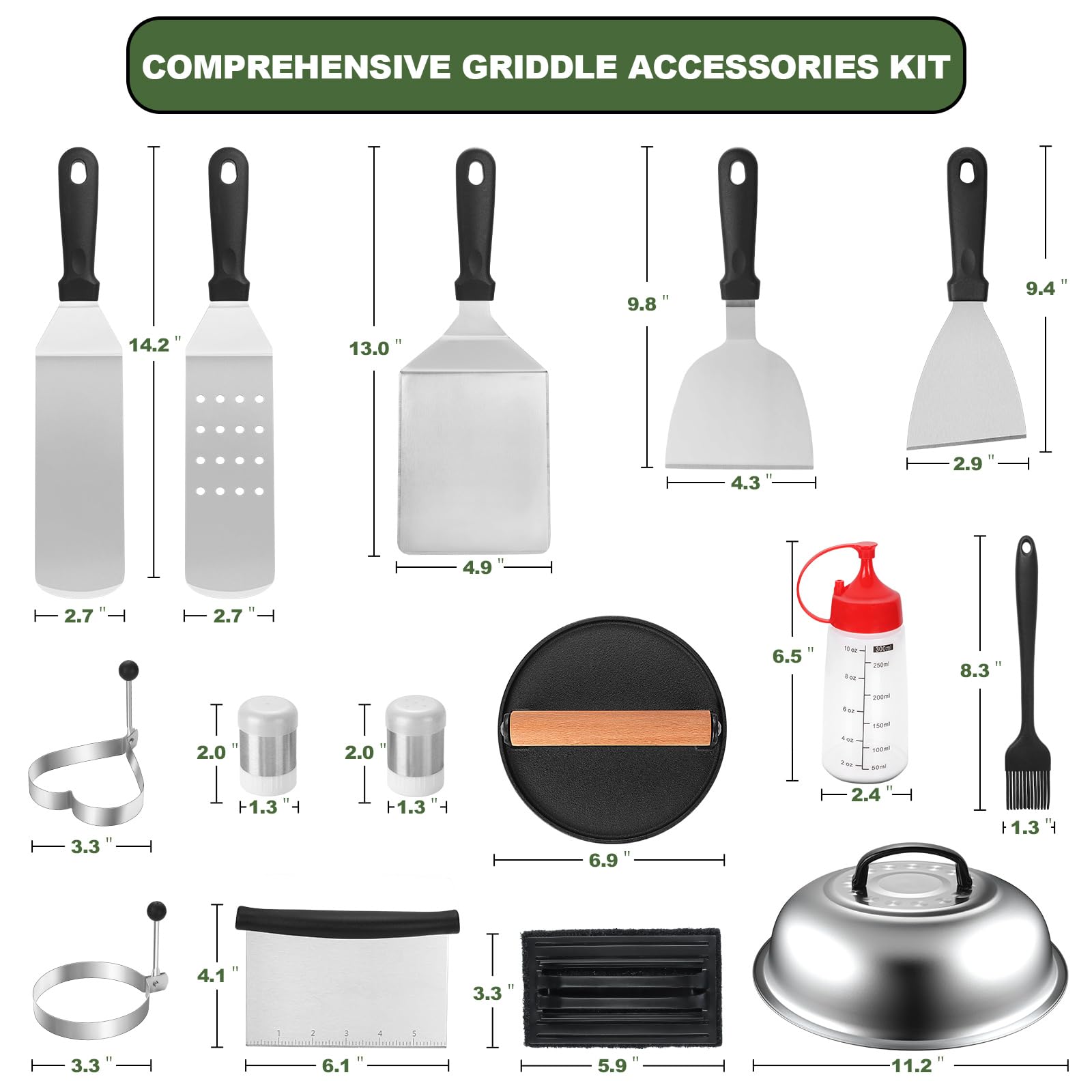 19PCS Griddle Accessories Kit, Stainless Steel Flat Top Grill Accessories Set for Blackstone and Camp Chef, Grill Spatula Set with Enlarged Spatulas, Basting Cover, Scraper for Outdoor Barbecue