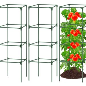 3Pack Tomato Cages for Garden,Square Tomato Plant Cage Support Heavy Duty Pole 57*15.4*15.4 Inches,Steel Plant Tower Stakes,Cherry Tomato Trellis Cucumber for Climbing Vegetables Flowers Fruits-Green