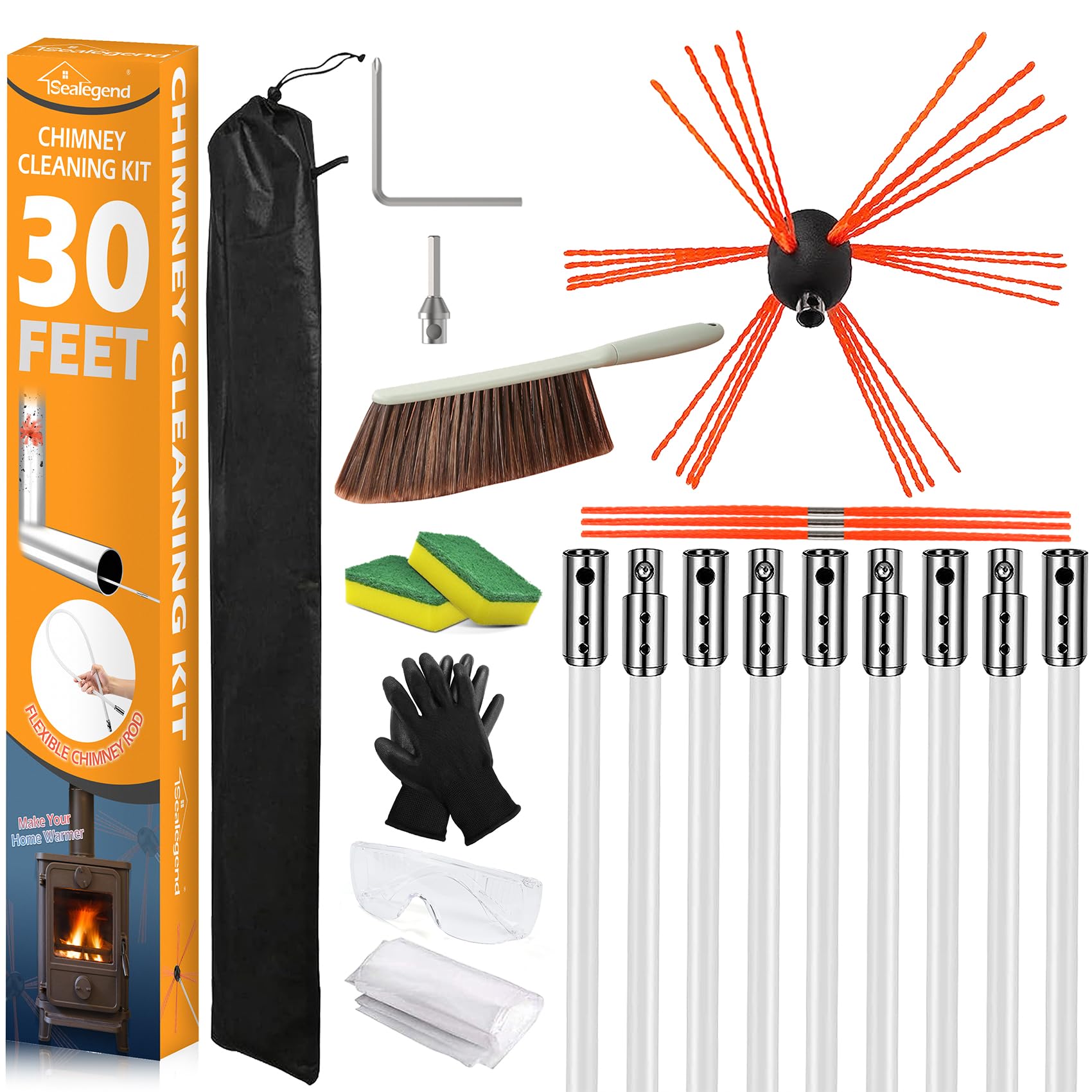 Sealegend 30 Feet Chimney Sweep Kit Chimney Brush Chimney Cleaning Kit and Rotary Chimney Cleaning System Fireplace Brush Tool with 9 Nylon Flexible Rods