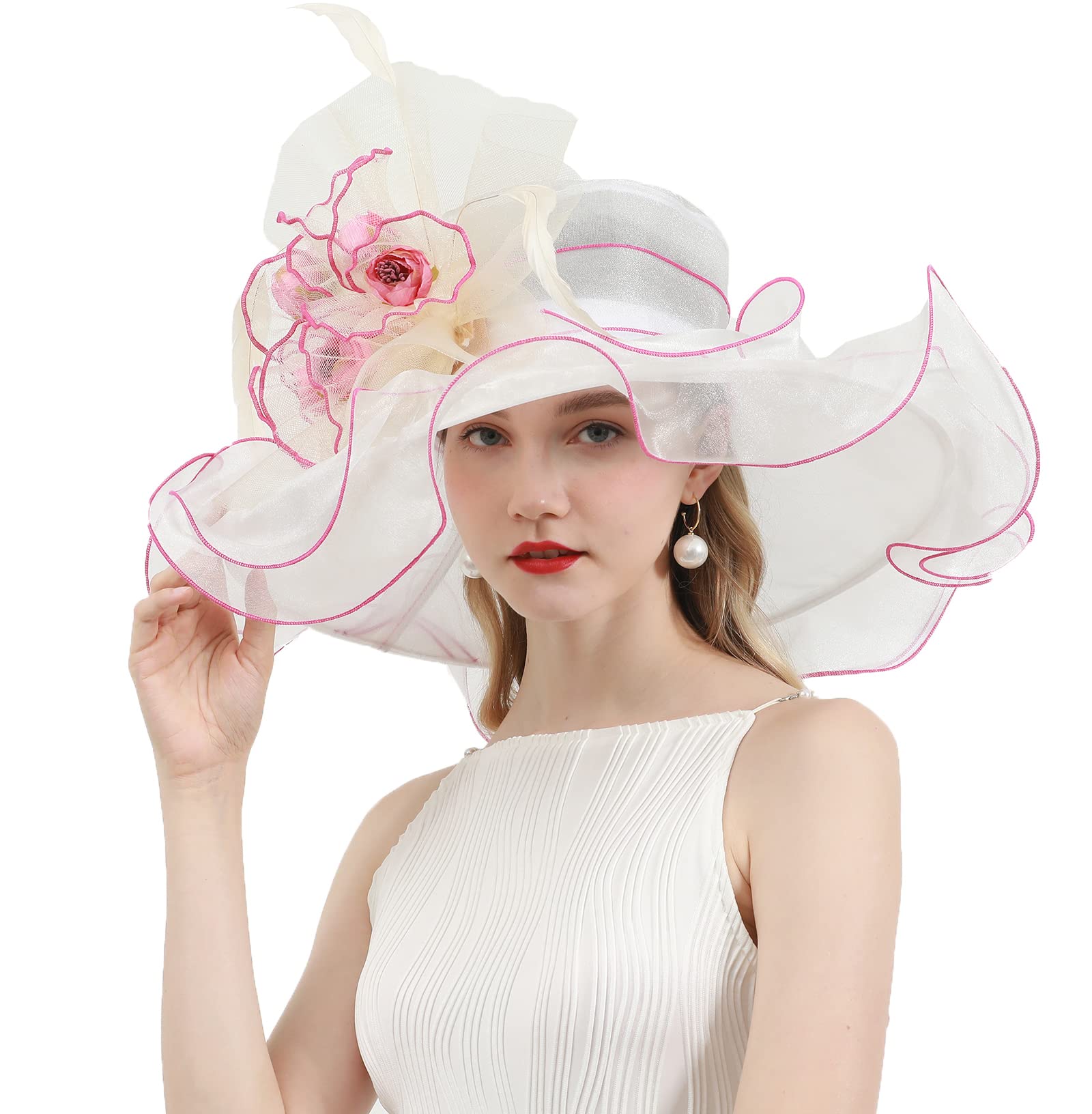 ORIDOOR Women Organza Fascinator Kentucky Hat Derby Floral Tea Party Wedding Hat A865 Pink White …