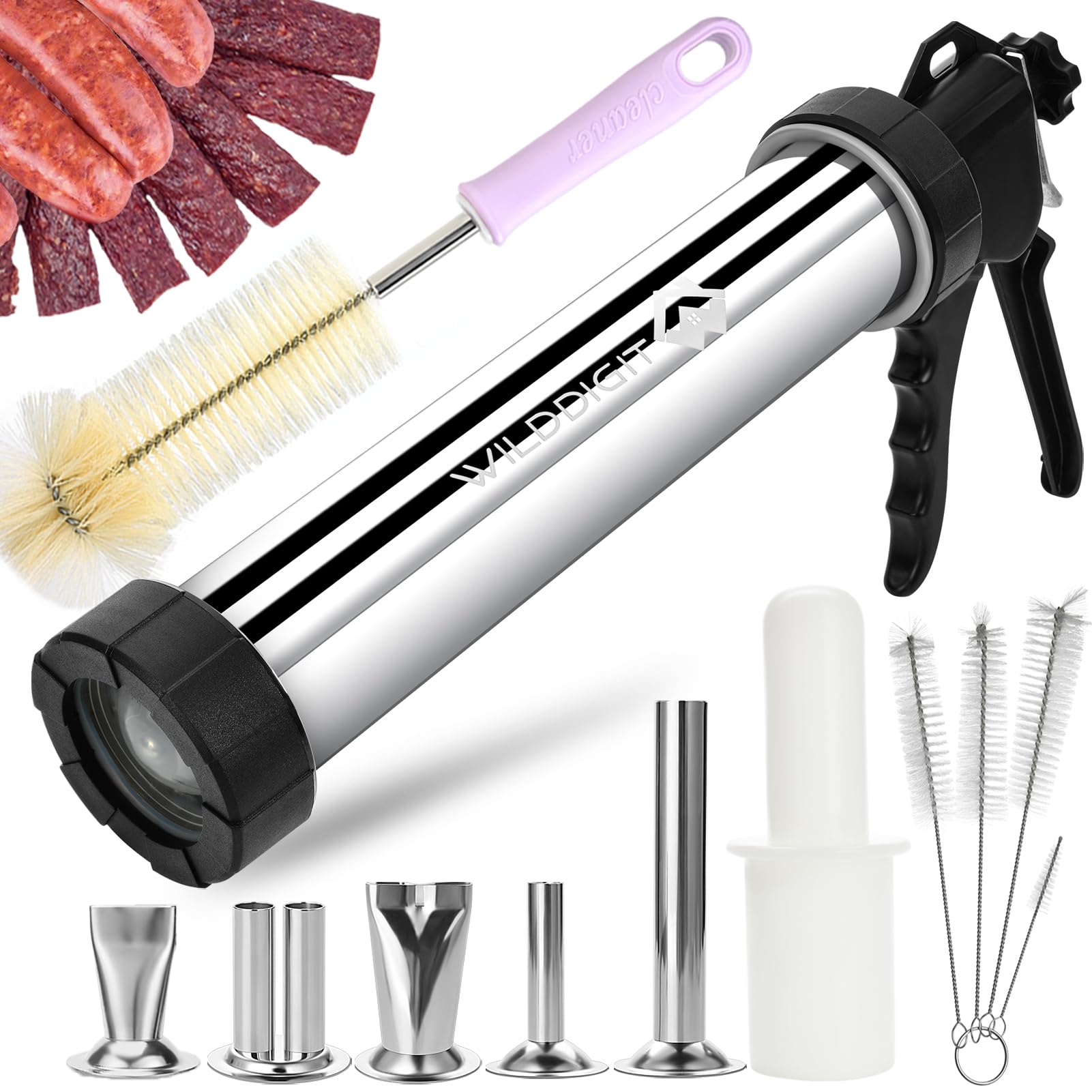 WILDDIGIT 3rd Gen 2.1 LB Professional Jerky Gun Kits, Sausage Stuffer, Stainless Steel Jerky Maker, Jerky Shooter, Beef Jerky Making Gun with 5 Nozzles, 1 meat pusher and 5 Cleaning Brushes