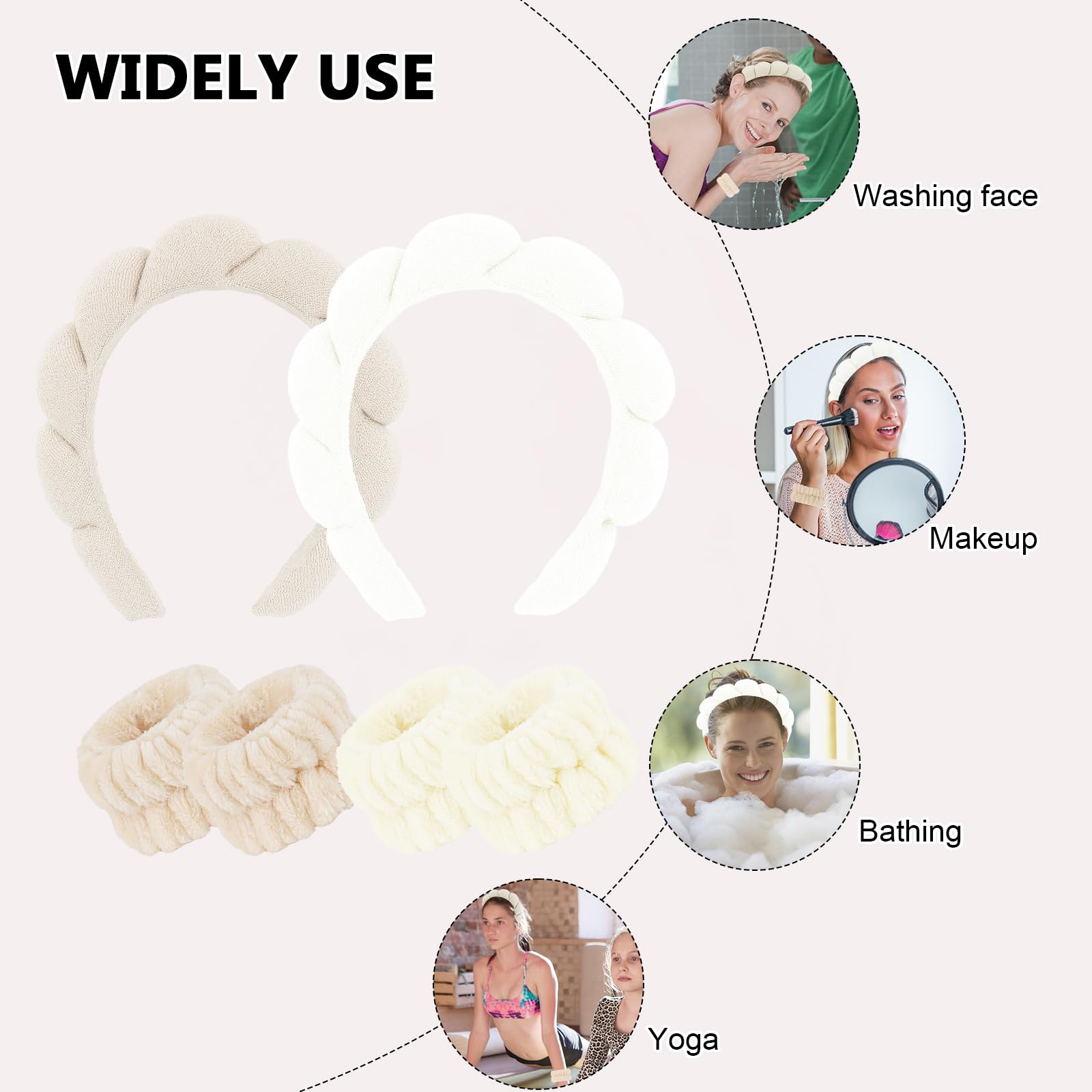 WHAVEL 6PCS Terry Cloth Spa Headband and Wristband Set, Makeup Headband Puffy Sponge Headband Face Wash Headband Hair Band Wrist Towels for Washing Face Women Girls (Beige, Light Coffee)