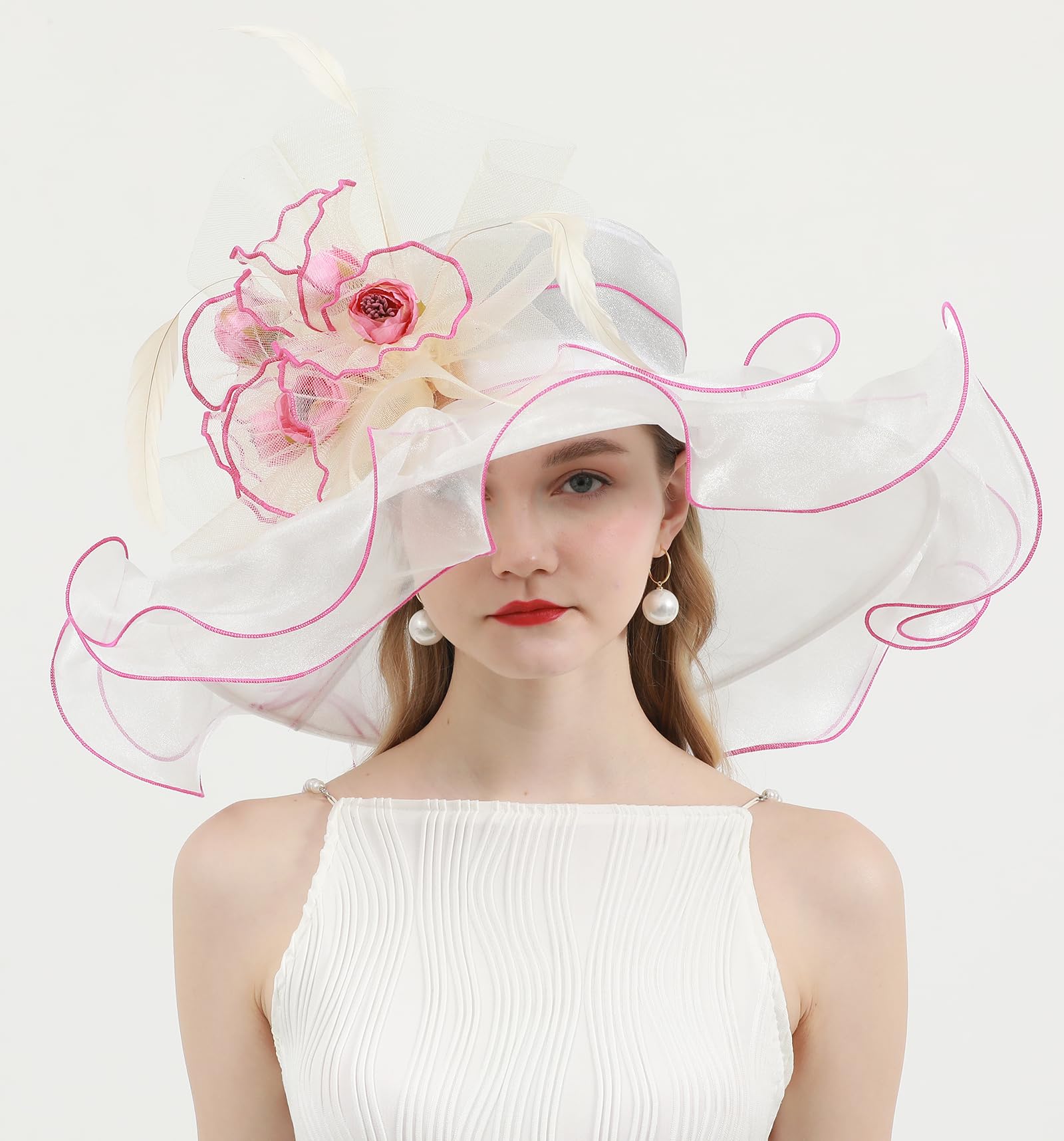 ORIDOOR Women Organza Fascinator Kentucky Hat Derby Floral Tea Party Wedding Hat A865 Pink White …