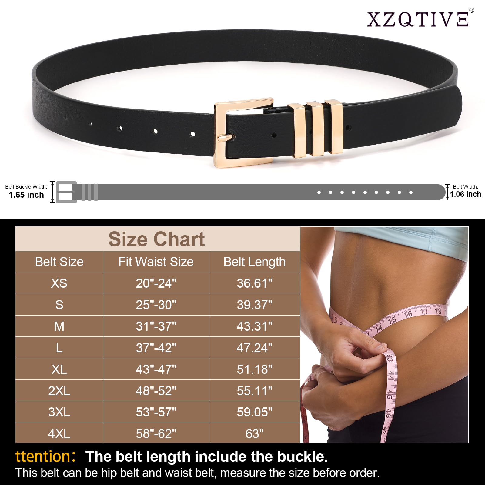 XZQTIVE Plus Size Women's Leather Belts for Jeans Pants Dress Fashion Ladies Waist Belt with Square Gold Buckle,black