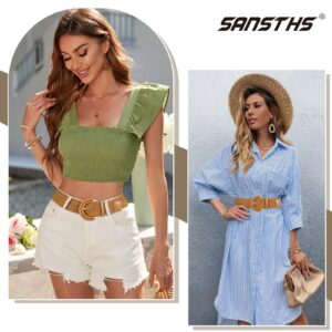 SANSTHS Women Braided Rattan Wide Belt Woven Waist Belt With Half-Circle Buckle for Summer Dress Jeans Pants,brown,M