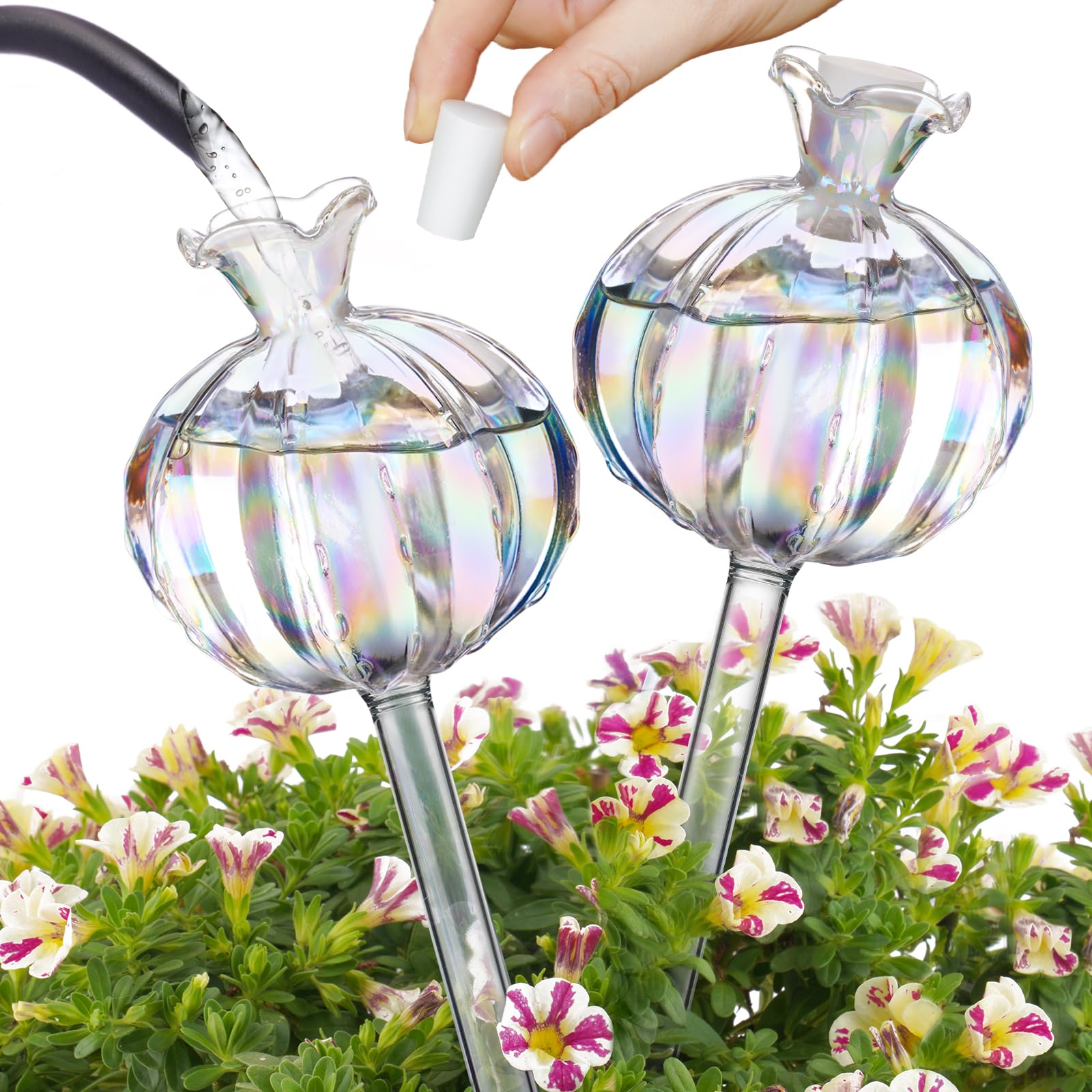 NiHome Plant Watering Globes 2-Pack, Iridescent Glass Cactus Self Watering Globe, Glass Waterer for Potted Plants - 4.7OZ/140 ML Capacity Automatic Mini Irrigation System, Adorable Gardening Gift