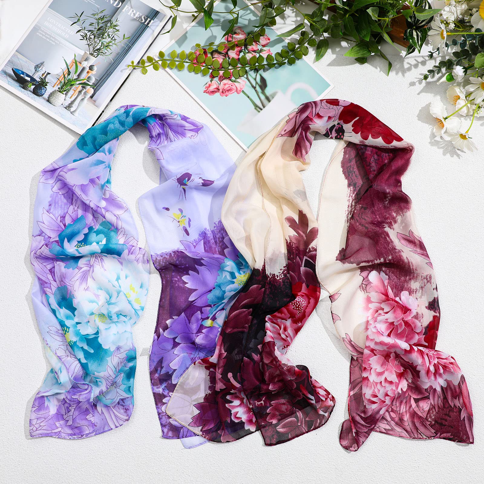 Sureio 6 Pcs Scarves for Women Lightweight Summer Floral Print Pattern Scarf for Women Dressy Long Thin Scarf Shawl(Stylish Style)