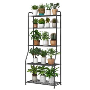 plant stand 5-tier plant shelf for indoor outdoor, waterproof metal tall plant stand for living room bathroom balcony garden, black