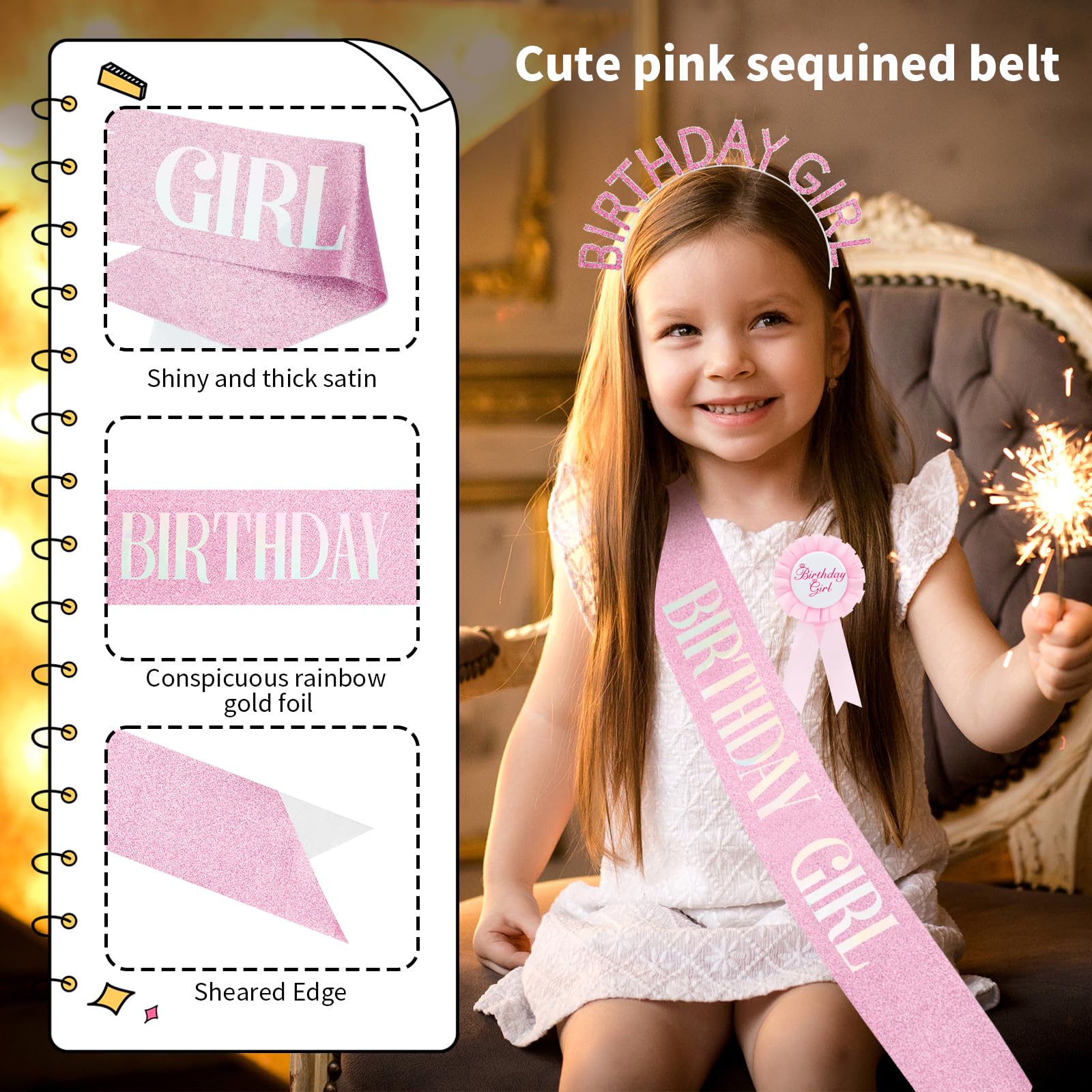 Birthday Celebration Set for Women's Special Occasion: Pink Sash, Rose Gold Hair Bands, Rhinestone Headband, Corsage & Sweet Happy Vibes