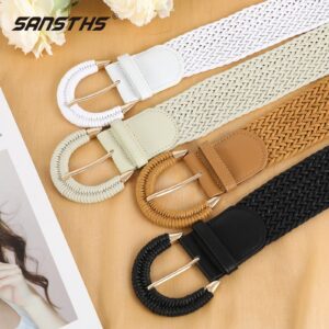 SANSTHS Women Braided Rattan Wide Belt Woven Waist Belt With Half-Circle Buckle for Summer Dress Jeans Pants,brown,M