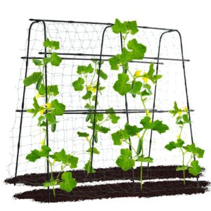 lalahoni garden cucumber trellis for climbing plants outdoor, 5.3 ft tall metal arch plant support for vegetable fruit flower vine plant, pea tunnel a-frame trellis for raised bed, with garden netting