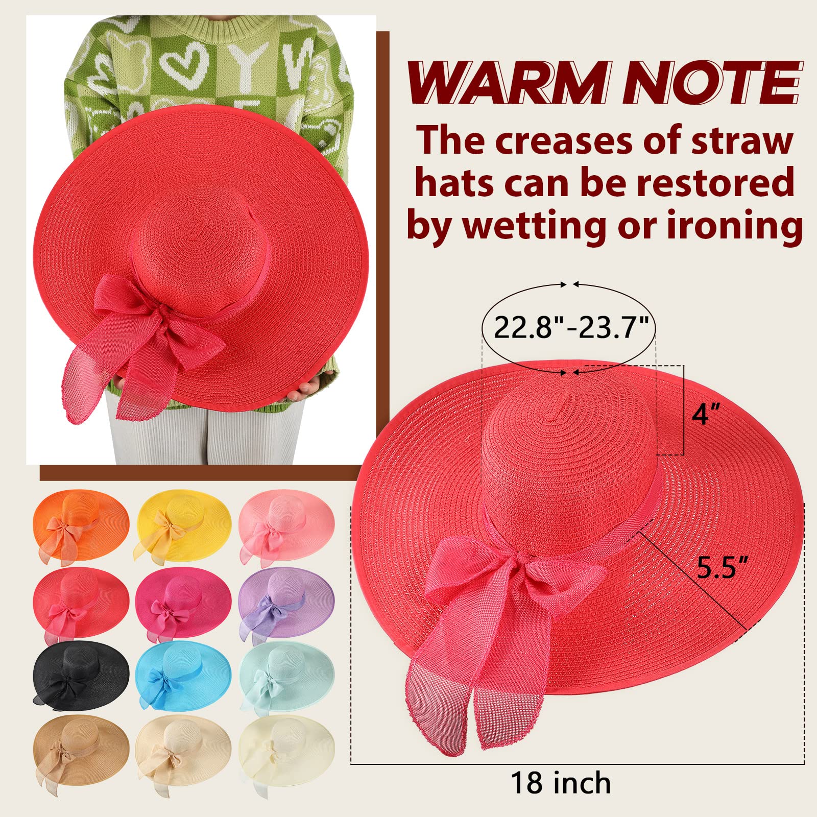 Tigeen 24 Pcs Sun Straw Hats for Women Bowknot Wide Brim 22.1-22.4 Inches Foldable Women's Floppy Hat Uv Protection UPF 50+ Summer Beach Cap for Girls Ladies, 12 Colors Multicolor