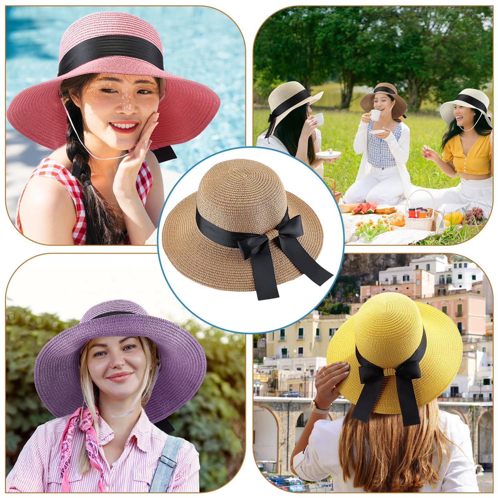 Pasimy 12 Pcs Women Straw Sun Hats with Bowknot Panama Wide Brim Roll up Hat for Women Girls Foldable Floppy Hat Summer Cap for Beach Travel Outdoor Pool Multicolor