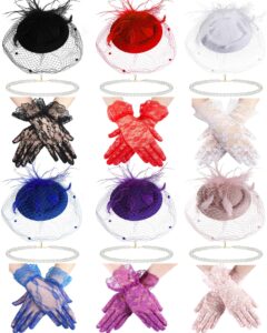 xaatren 6 sets fascinators hats for women girls tea party hat with lace gloves and bead necklaces cocktail tea party pillbox hat with veil vintage mesh feathers for wedding halloween christmas party