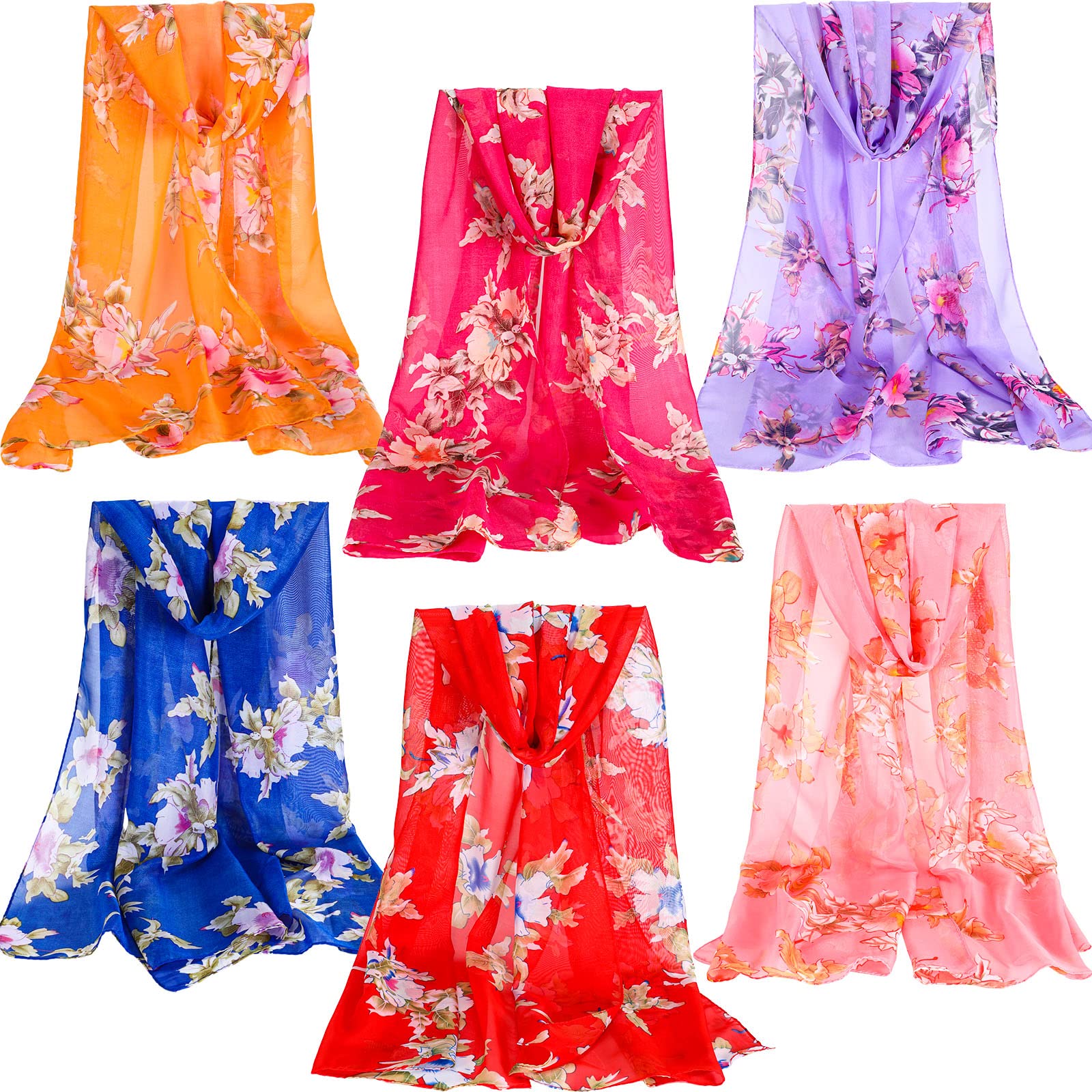 Sureio 6 Pcs Scarves for Women Lightweight Summer Floral Print Pattern Scarf for Women Dressy Long Thin Scarf Shawl(Chic Style)