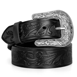 triworks western leather belt for women men cowgirl cowboy floral engraved tooled leather belt for jeans pants dresses rodeo,a-black