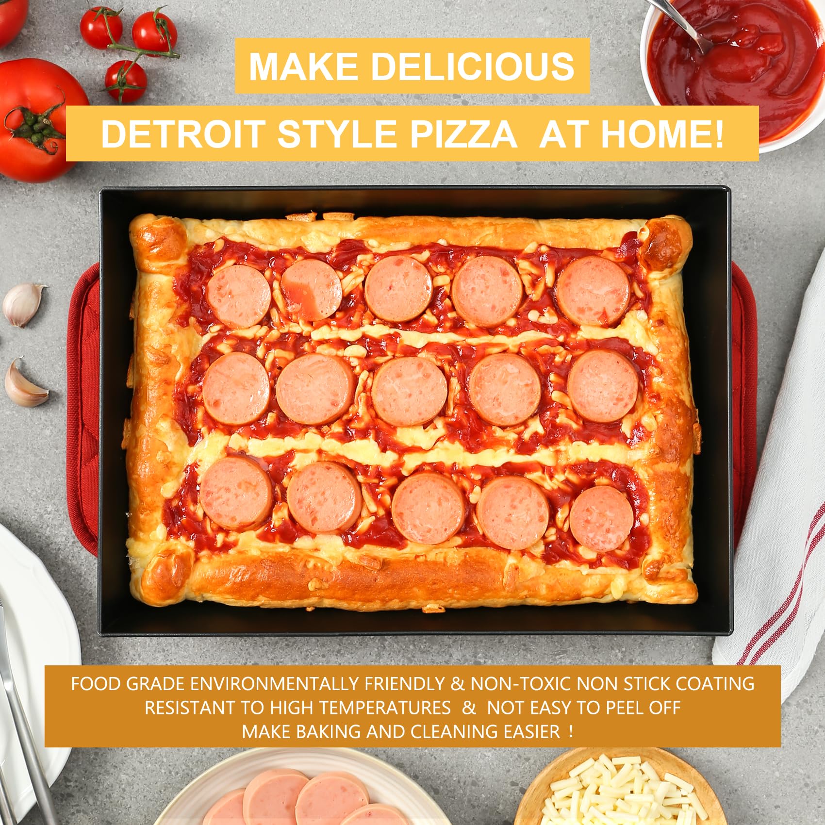 Jisculo Detroit Style Pizza Pan 14x10x2.5 (Non Stick without BPA) Replace lloyds Pizza Pan Pre-Seasoned Sicilian Style Pizza Pan, Hard Anodized Deep Dish Square Grandma Style Pizza Pan