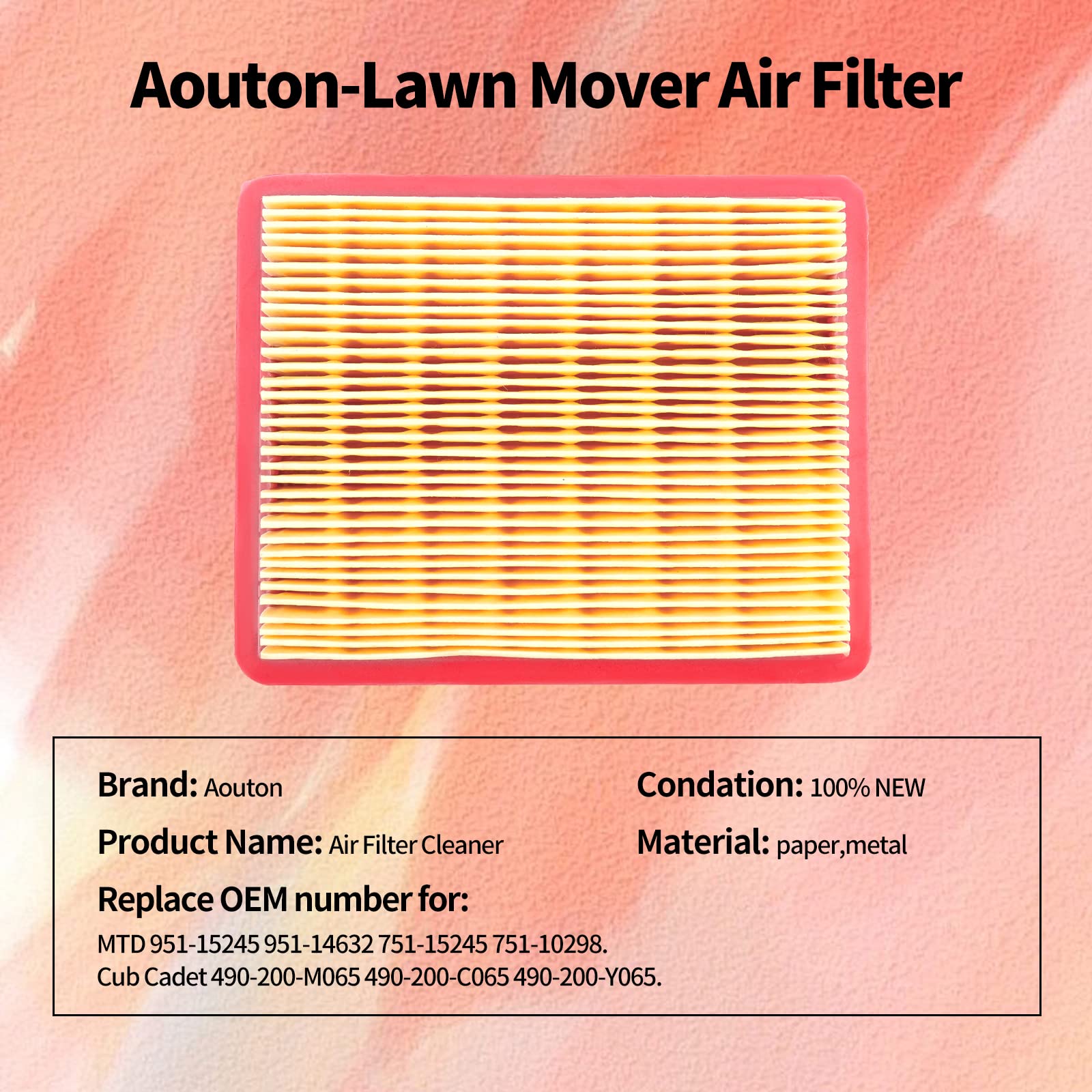 Aouton 951-15245 Air Filter for MTD 751-15245 Cub Cadet 490-200-M065 159cc 1X65 5X65 6X65 8X65 Engines 196cc 5X70 6X70 7X70 SC 700 E Self Propelled Troy-Bilt TB230 Engine Lawn Mower