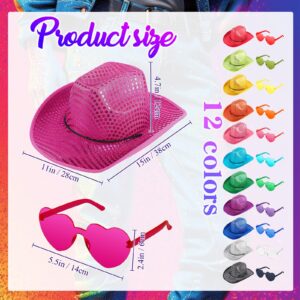 Bonuci Sequin Glitter Cowboy Hat and Heart Shape Rimless Sunglasses Sparkly Party Favor for Women Men Girls Boys(24 Pcs)